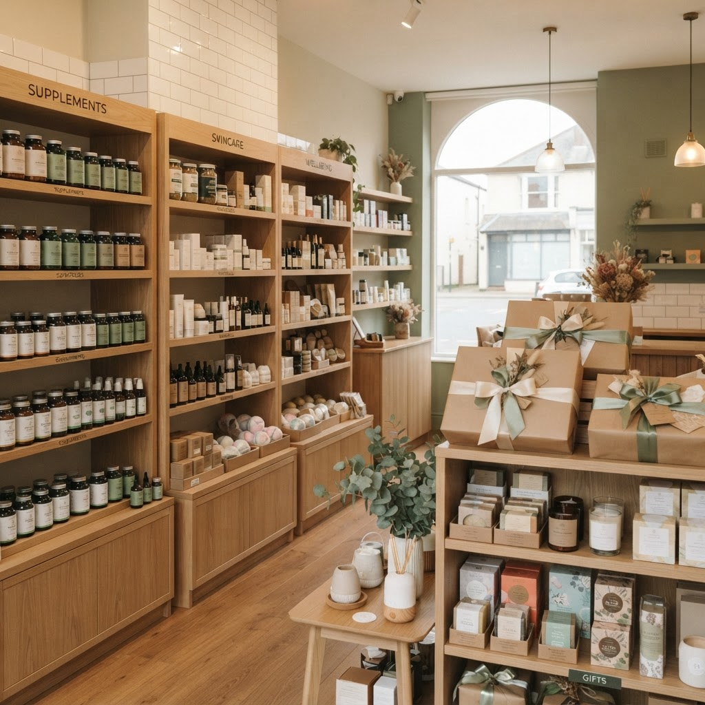 Interior of Eastwood Health & Gift Centre showing neatly arranged health products and gift hampers on wooden shelves