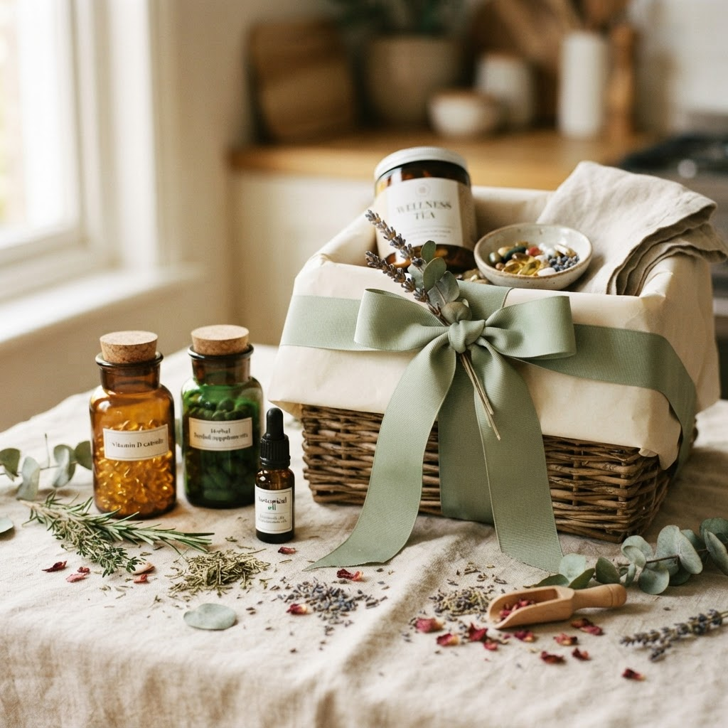 Health supplements and a beautifully wrapped gift hamper on a linen cloth